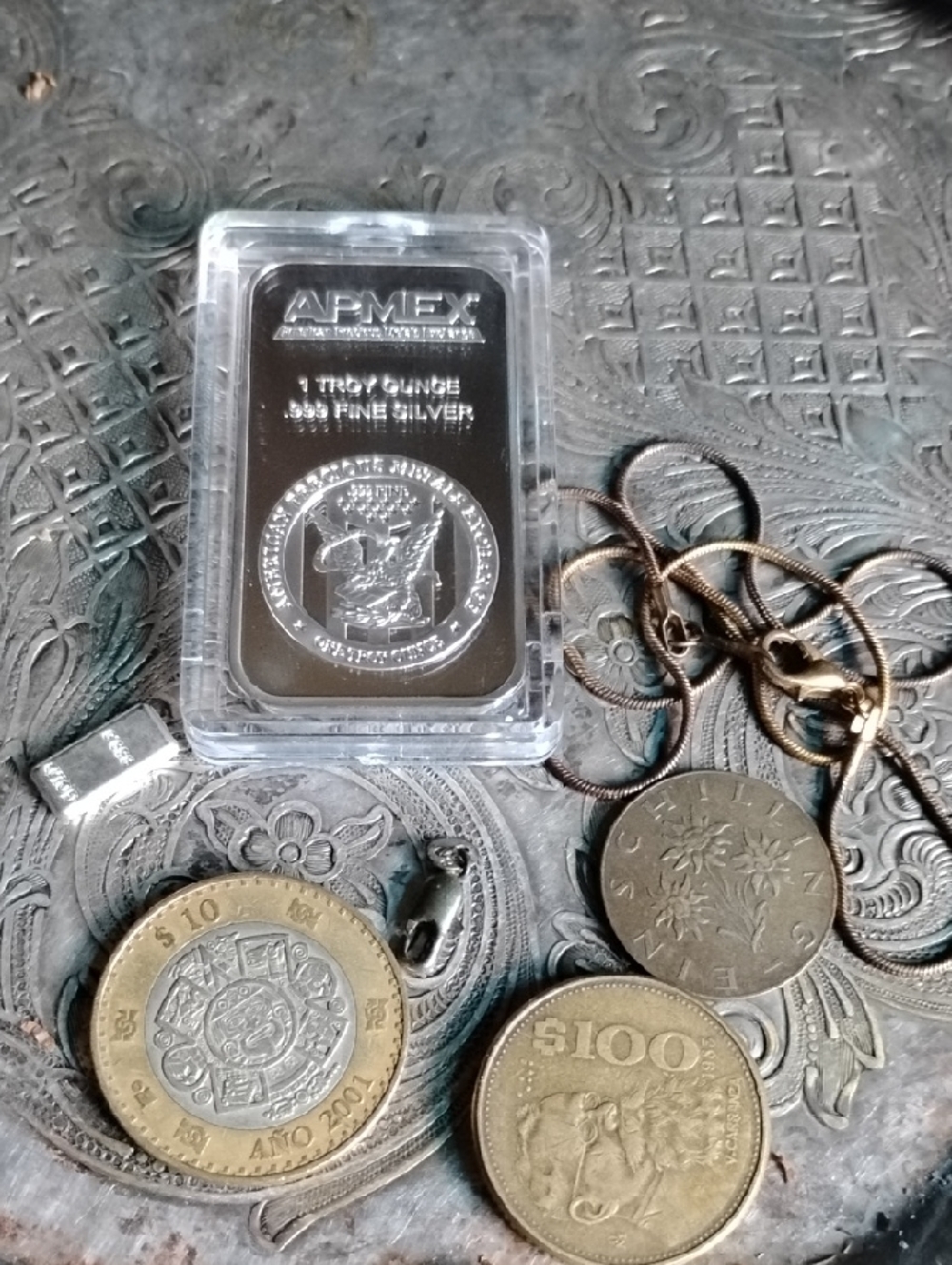 APMEX 1 Troy Ounce .999 Fine Silver Plated Bar with Assorted Coins